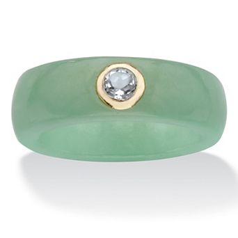 .30 TCW Genuine Green Jade and White Topaz Solid 10k Yellow Gold Ring