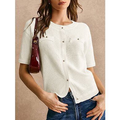 Women's Short Sleeve Round Neck Button Front Cardigan Lightweight Sweater