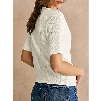 Women's Short Sleeve Round Neck Button Front Cardigan Lightweight Sweater