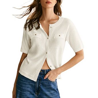 Women's Short Sleeve Round Neck Button Front Cardigan Lightweight Sweater