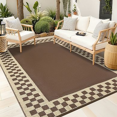 Modern Bordered Outdoor Area Rug UV Resistant Reversible Lightweight Carpet for RV Trip Picnic