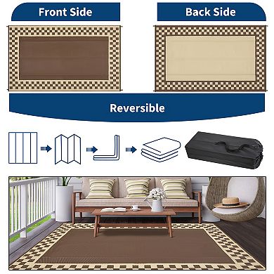 Modern Bordered Outdoor Area Rug UV Resistant Reversible Lightweight Carpet for RV Trip Picnic