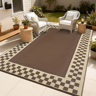 Modern Bordered Outdoor Area Rug UV Resistant Reversible Lightweight Carpet for RV Trip Picnic