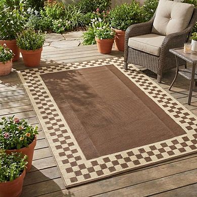 Modern Bordered Outdoor Area Rug UV Resistant Reversible Lightweight Carpet for RV Trip Picnic