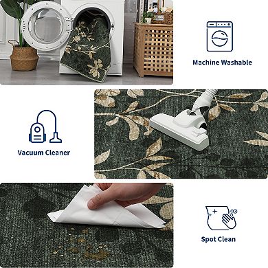 Modern Floral Area Rug Machine Washable Low Pile Pet Friendly Foldable Floor Cover for Bedroom
