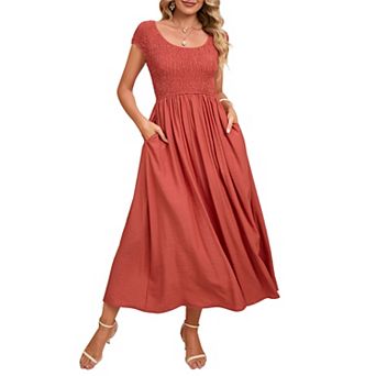 Women's Smocked Midi Dress Short Sleeve Casual Dress with Pockets