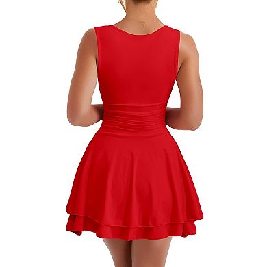 Women's Square Neck Ruffle Hem Mini Dress Ruched Waist Short Party Dresses