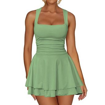 Women's Square Neck Ruffle Hem Mini Dress Ruched Waist Short Party Dresses