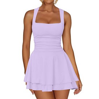 Women's Square Neck Ruffle Hem Mini Dress Ruched Waist Short Party Dresses