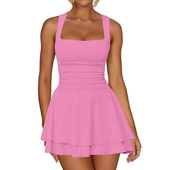 Women's Square Neck Ruffle Hem Mini Dress Ruched Waist Short Party Dresses