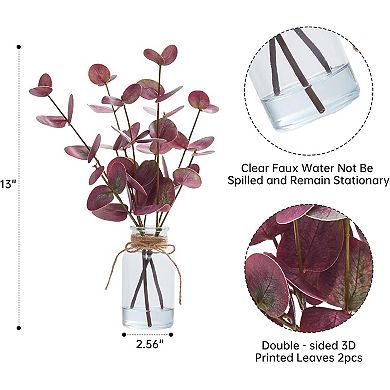 13" Artificial Eucalyptus Stems in Vase (2-Pack), Faux Eucalyptus with Double-Sided Magenta Leaves