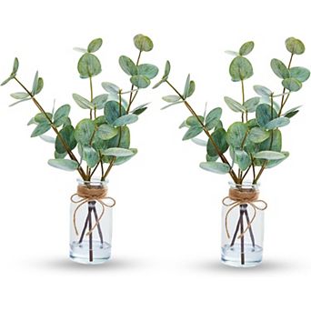 13" Artificial Eucalyptus Stems in Vase (2-Pack), Faux Eucalyptus with Double-Sided Magenta Leaves
