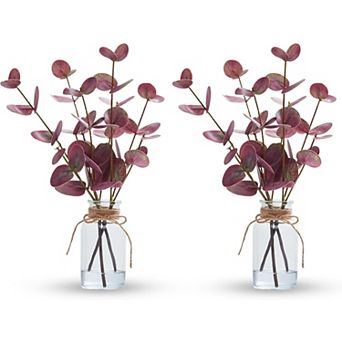 13" Artificial Eucalyptus Stems in Vase (2-Pack), Faux Eucalyptus with Double-Sided Magenta Leaves
