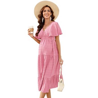 Ladies' Ruffle Sleeve Maternity Midi Dress Casual Lounge Dress with Back Tie for Home