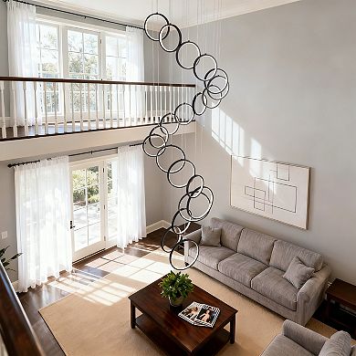 Modern Multi-Ring LED Cascading Chandelier Light Fixture For High Ceilings And Stairs