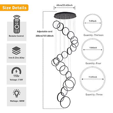 Modern Multi-Ring LED Cascading Chandelier Light Fixture For High Ceilings And Stairs