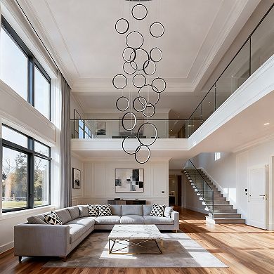 Modern Multi-Ring LED Cascading Chandelier Light Fixture For High Ceilings And Stairs