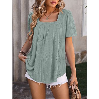 Women's Square Neck Short Sleeve T-Shirt Casual Loose Fit Tee