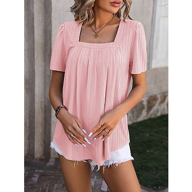 Women's Square Neck Short Sleeve T-Shirt Casual Loose Fit Tee
