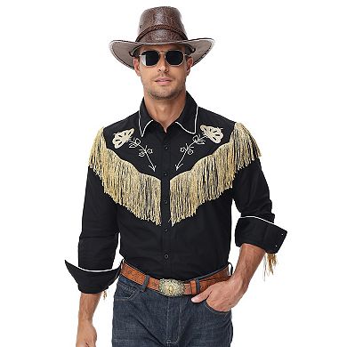 Men's Western Fringe Button Down Shirt Long Sleeve Suede Look
