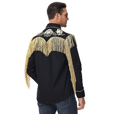 Men's Western Fringe Button Down Shirt Long Sleeve Suede Look