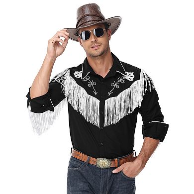 Men's Western Fringe Button Down Shirt Long Sleeve Suede Look