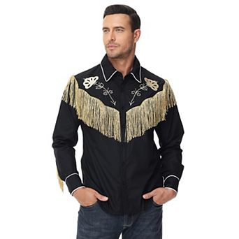 Men's Western Fringe Button Down Shirt Long Sleeve Suede Look