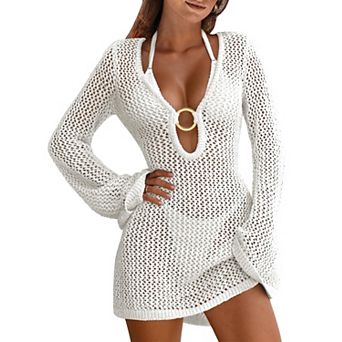Women Beach Crochet Cover Ups Summer Knit Swimwear Mesh Bathing Suit Hollow Out Dress
