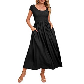 Women's Cute Smocked Midi Dress Stretchy Party Dress with Pockets