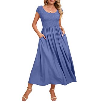 Women's Cute Smocked Midi Dress Stretchy Party Dress with Pockets