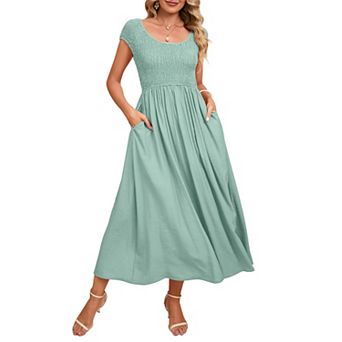 Women's Cute Smocked Midi Dress Stretchy Party Dress with Pockets