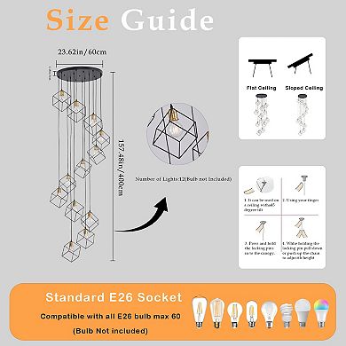 BAOURE Modern Industrial 12-Light Geometric Metal Cascading Chandelier for High Ceilings