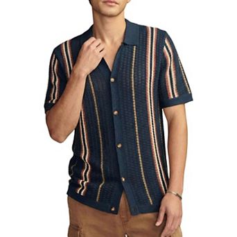 Mens Short Sleeve Striped Button Down Shirts Collared Crochet Knit Hawaii Vacation Hollow Out Tops