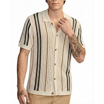 Mens Short Sleeve Striped Button Down Shirts Collared Crochet Knit Hawaii Vacation Hollow Out Tops