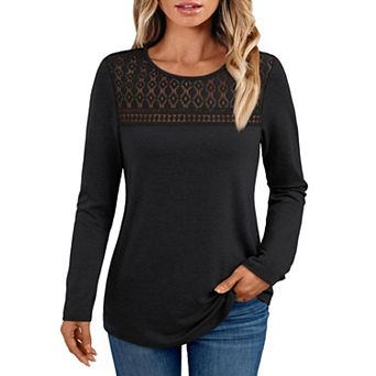 Women's Long Sleeve Crewneck Lace Blouses Casual Tops