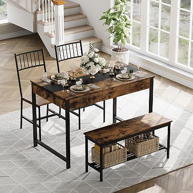 4-Piece Dining Table Set for 4 People,Rectangular Kitchen Table Set with 2 Chairs & 1 Bench
