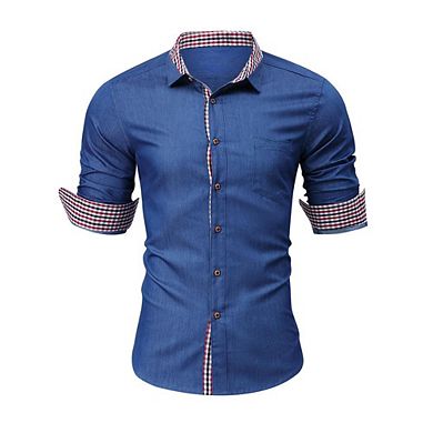 Mens Denim Button Down Long Sleeve Shirt Plaid Business Casual Office Collared Jean Top with Pocket