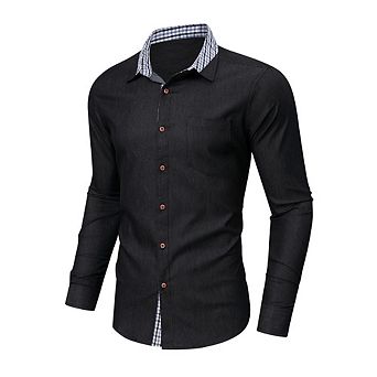 Mens Denim Button Down Long Sleeve Shirt Plaid Business Casual Office Collared Jean Top with Pocket
