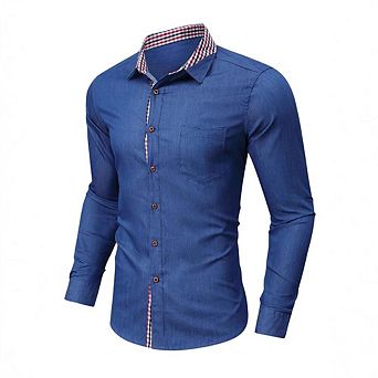Mens Denim Button Down Long Sleeve Shirt Plaid Business Casual Office Collared Jean Top with Pocket