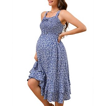 Women's Floral Midi Maternity Dress Sleeveless Spaghetti Strap Smocked Dress for Pregnant Women