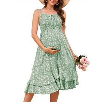 Women's Floral Midi Maternity Dress Sleeveless Spaghetti Strap Smocked Dress for Pregnant Women