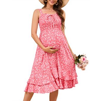 Women's Floral Midi Maternity Dress Sleeveless Spaghetti Strap Smocked Dress for Pregnant Women