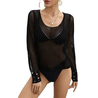 Womens Scoop Neck Crochet Sweater Lightweight Hollow Out Mesh Beach Vacation Summer Cover Up