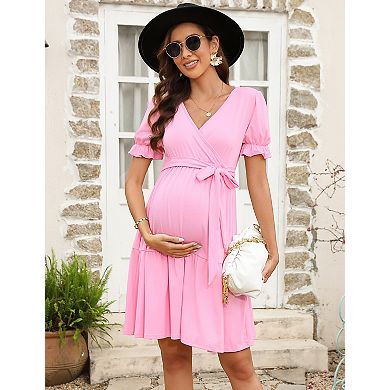 Women's Maternity Short Sleeve Tie Waist V-Neck Midi Dress