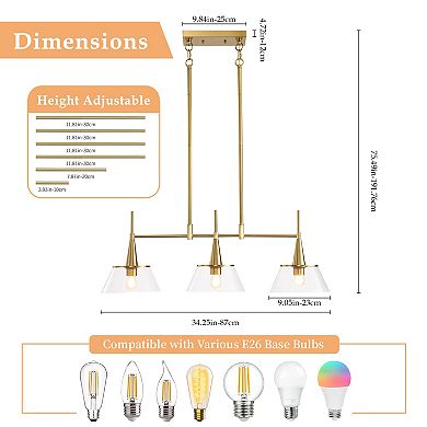 Warm Brass 3-Light Linear Island Pendant Fixture For Family Kitchens And Dining Rooms