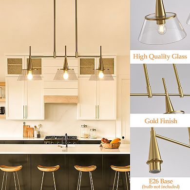 Warm Brass 3-Light Linear Island Pendant Fixture For Family Kitchens And Dining Rooms