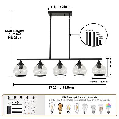 Metal Transitional Linear Kitchen Island Pendant Chandelier With Clear Glass Globe Shades