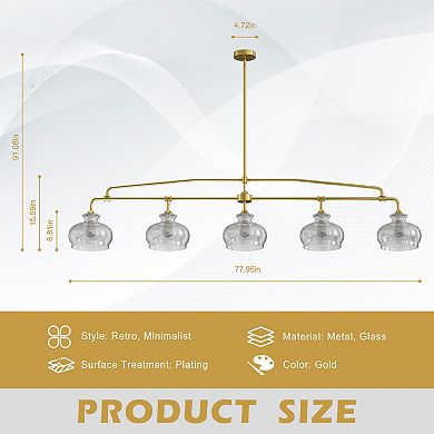 Modern Retro Plated Gold Metal 5-Light Linear Chandelier with Clear Glass Shades