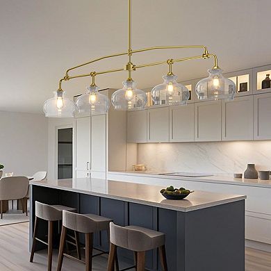 Modern Retro Plated Gold Metal 5-Light Linear Chandelier with Clear Glass Shades