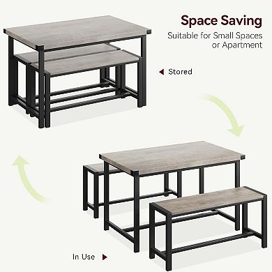 3-Piece Kitchen Table Set with 2 Wide Benches Industrial Dining Tables Set for Small Kitchen